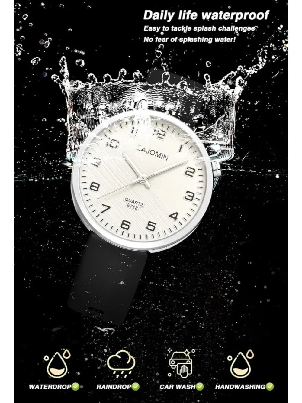 Womens Black And White Analog Soft Silicone Band Easy Read Dial Waterproof Watch